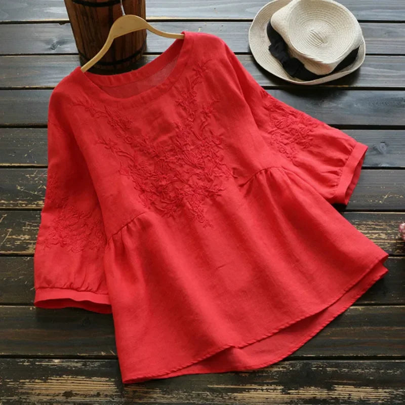 Simple Embroidery Blouse Women   Loose Summer Tops Short Sleeve Solid Color O Neck Bottoming Cotton Tees Ladies Clothes