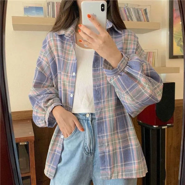 HOUZHOU Korean Style Plaid Shirts Fashion Woman Blouses 2023 Oversized Vintage Harajuku Top Long Sleeve Cardigan Autumn Blouse