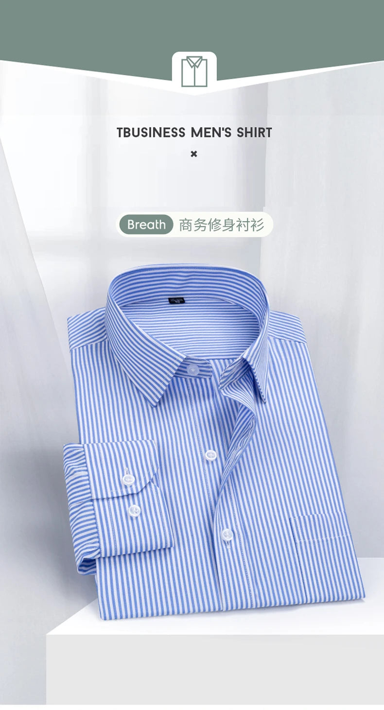 Cotton Men's Classic Long Sleeve Striped Basic Dress Shirts Single Patch Pocket Formal Business Standard-fit Office Social Shirt