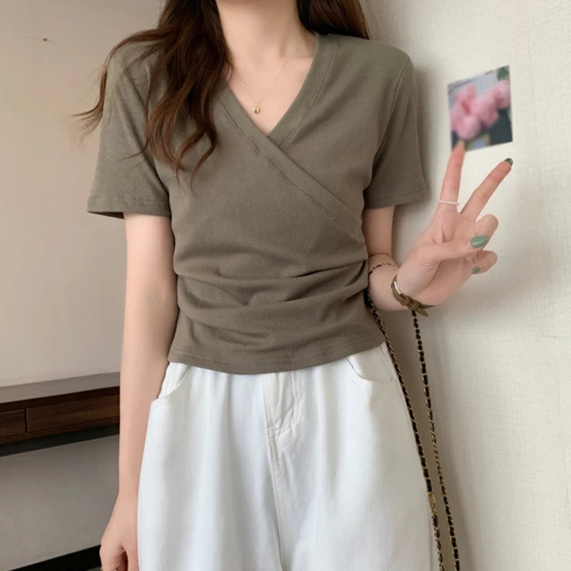 Elegant Cross V neck Slim T-shirt For Women Fashion Solid Slim Short Sleeve Tops Girly Summer Casual Versatile Pullover