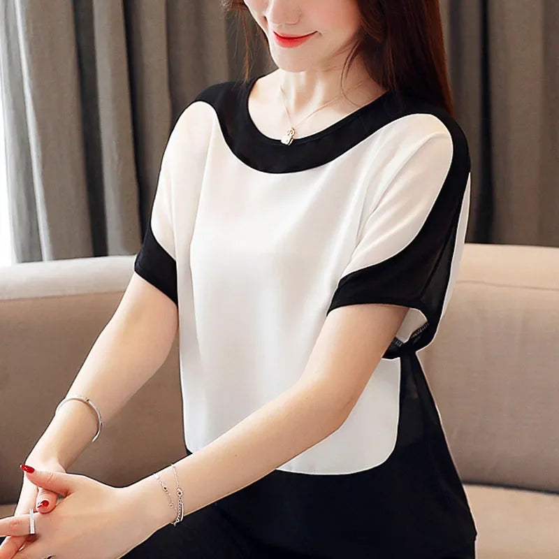 Womens Tops And Blouses Fashion Chiffon Blouse Loose Ladies Tops Shirts Solid Short O-Neck Batwing Sleeve 3397 50