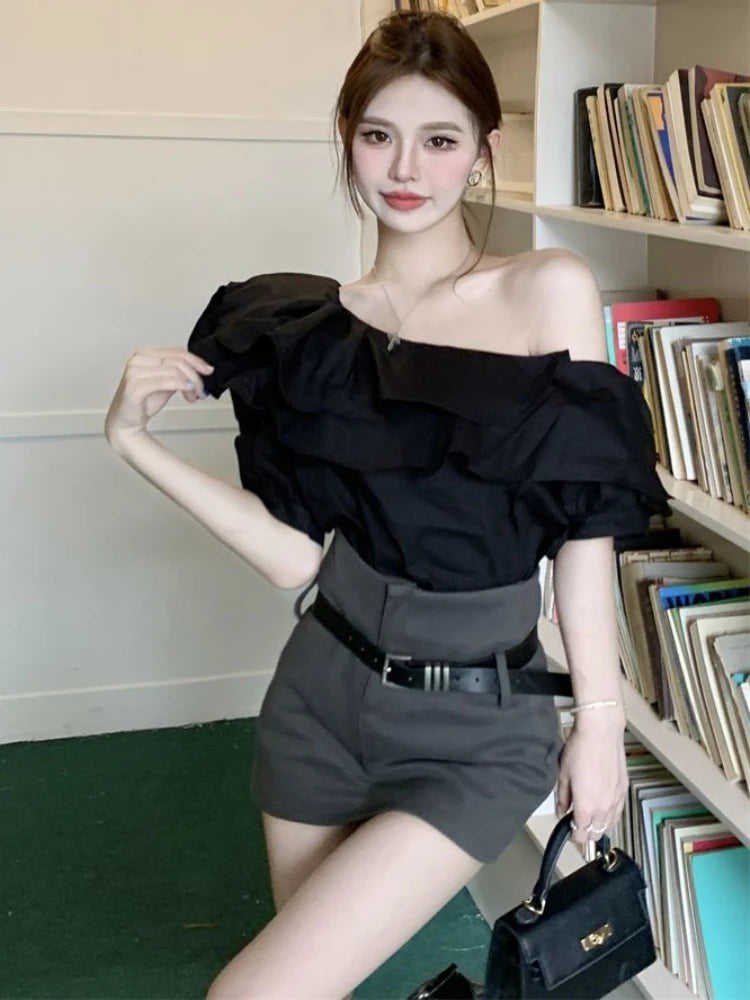 One Shoulder Blouses Women 5 Colors Elegant Ruffles Chic Irregular Summer Fashion Streetwear Ins Minimalist Office Lady Casual