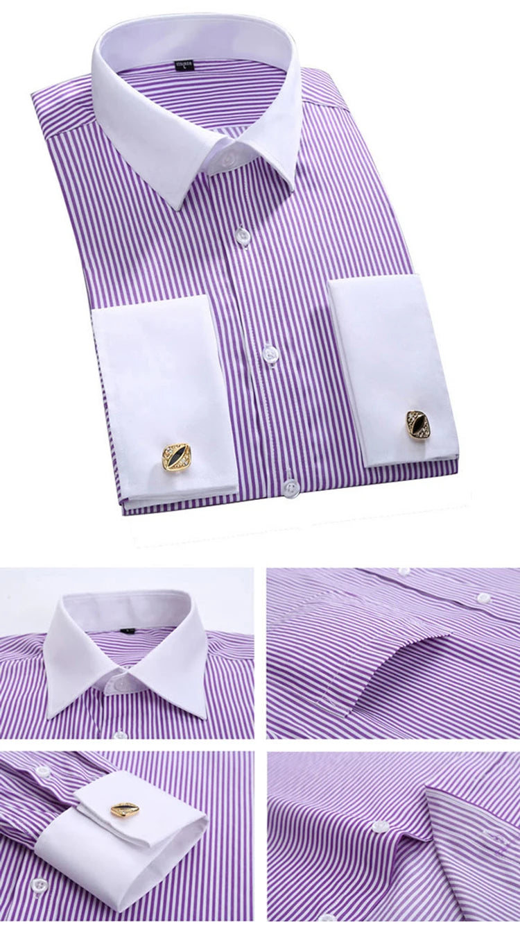 Men's Classic French Cuffs Striped Dress Shirt Single Patch Pocket Standard-fit Long Sleeve Wedding Shirts (Cufflink Included)