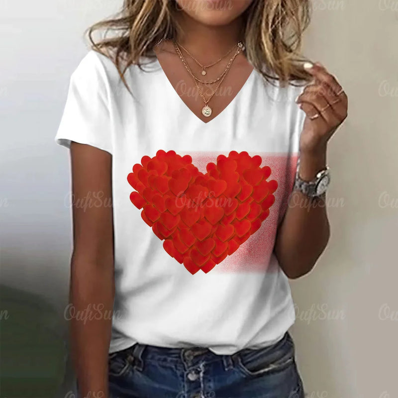 Fashion Women's T Shirt Love Print V-neck Female Short Sleeve Harajuku Tops Ladies T-shirts Oversized Tee Shirt Women Clothing