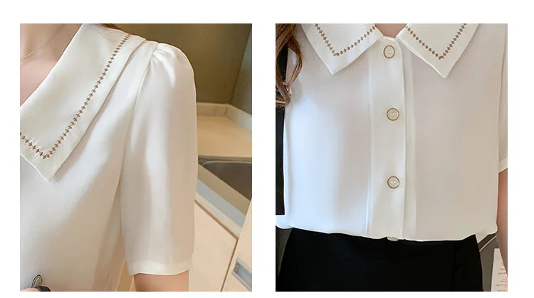 Blusas Blouses Femme Tops Women Turn Down Collar Blouse Women 2023 Summer White Blouse Short Sleeve Chiffon Blouse Shirt E778