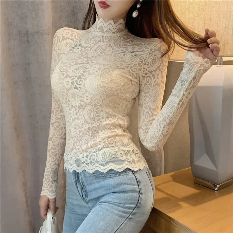 Woman White Lace Blouse Transparent Summer Women Blouses Oversized Womens Tops and Blouses Sexy Black Lace Shirts Long Sleeve