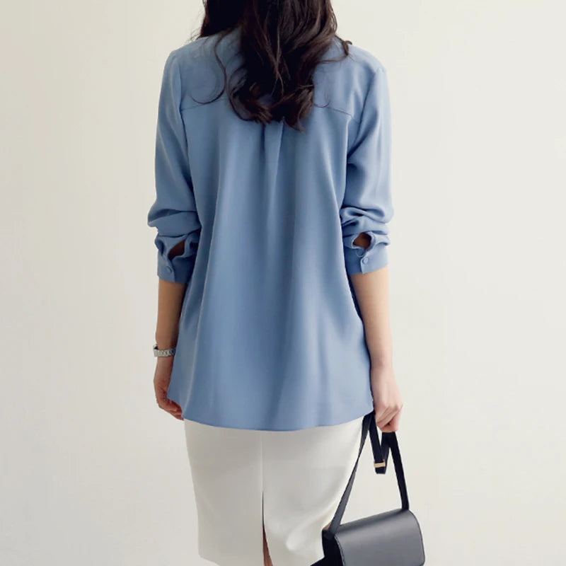 Casual White Blue Chiffon OL Blouse Shirt Top Blusas Mujer De Moda 2023 Long Sleeve Blouse Women Blusa Feminina Female Tops A137