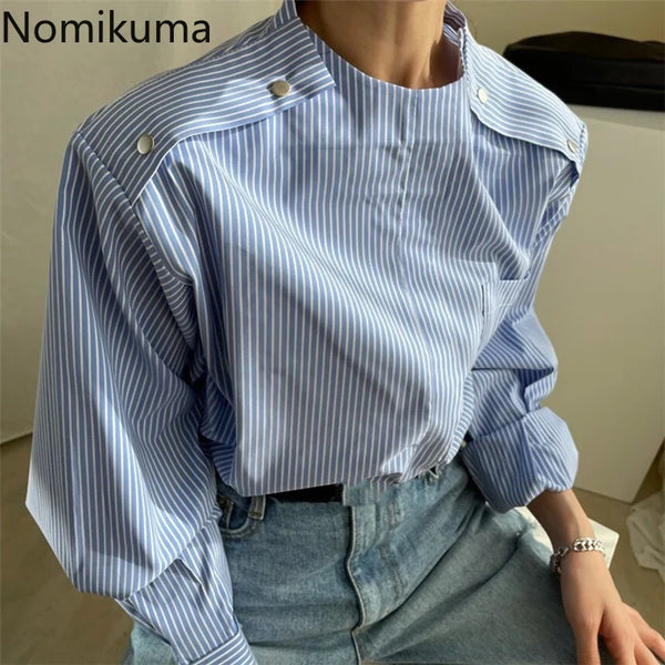 Nomikuma Korean Striped Pullover Blouse Causal Button Long Sleeve O-neck Women Shirt 2023 Spring New Blusas Feminimos 6F196