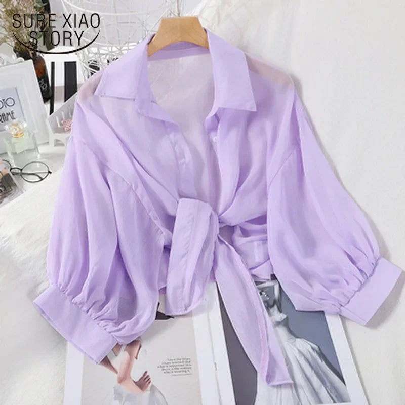 Spring Summer New Half Sleeve Button Up Shirt Chiffon Shirts Women Loose Casual Blouse Tied Waist Elegant Blouses for Women 9776