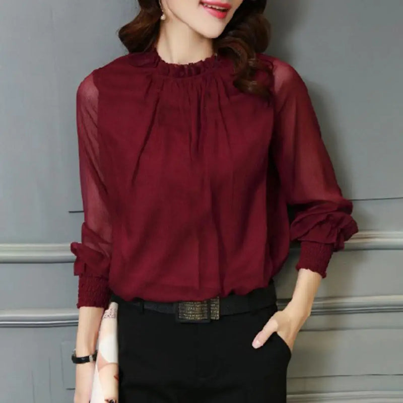 Perspective Net Mesh Sleeve Office Shirt Top Elastic Cuffs Women Shirt Elegant Ruffle Collar Blouse Solid Color Chiffon Shirt