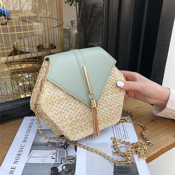 Hexagon Mulit Style Straw+leather Handbag Women Summer Rattan Bag Handmade Woven Beach Circle Bohemia Shoulder Bag