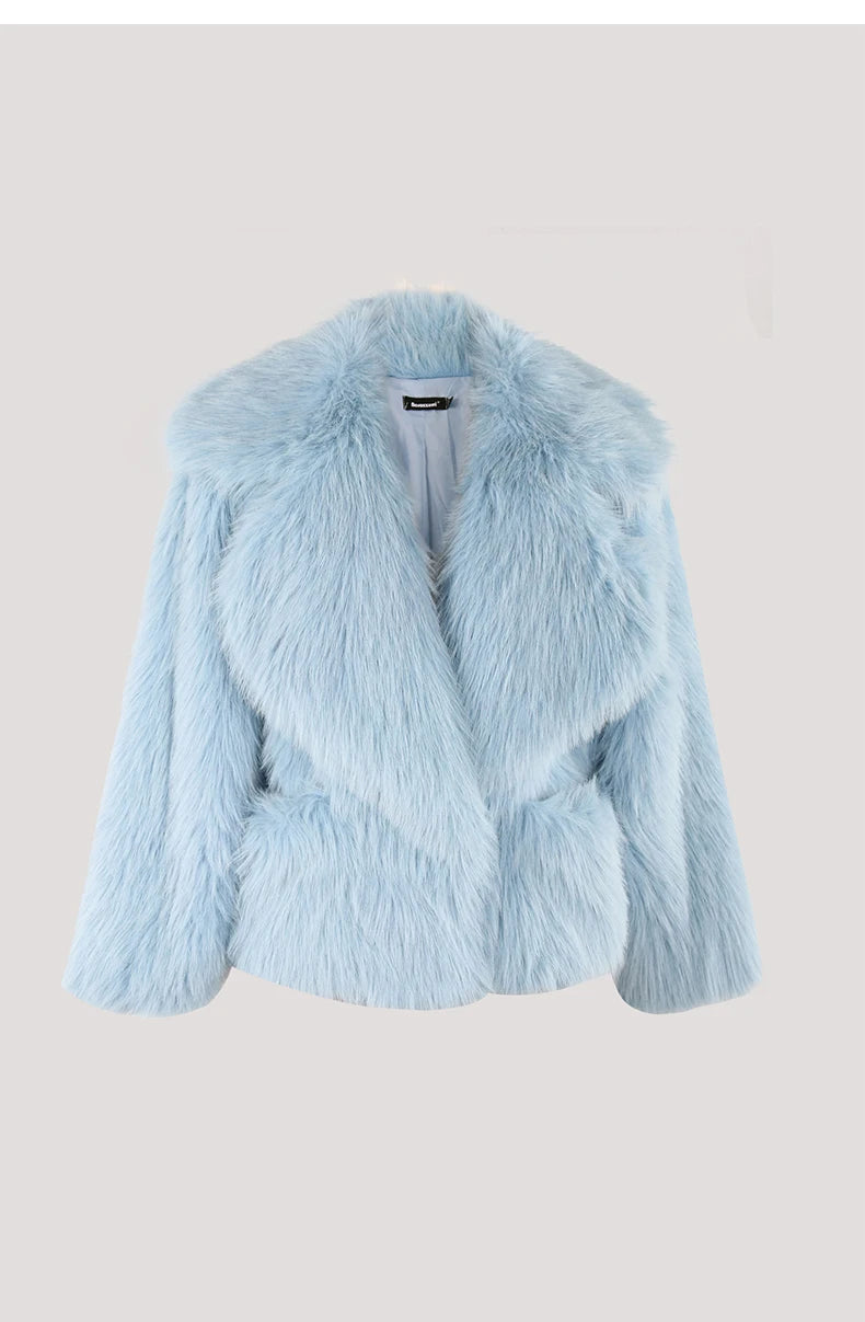 Nerazzurri Winter Short Loose Casual Hairy Soft Thick Warm Pink Faux Fur Coat Women with Big Collar and Pockets Fluffy Jacket