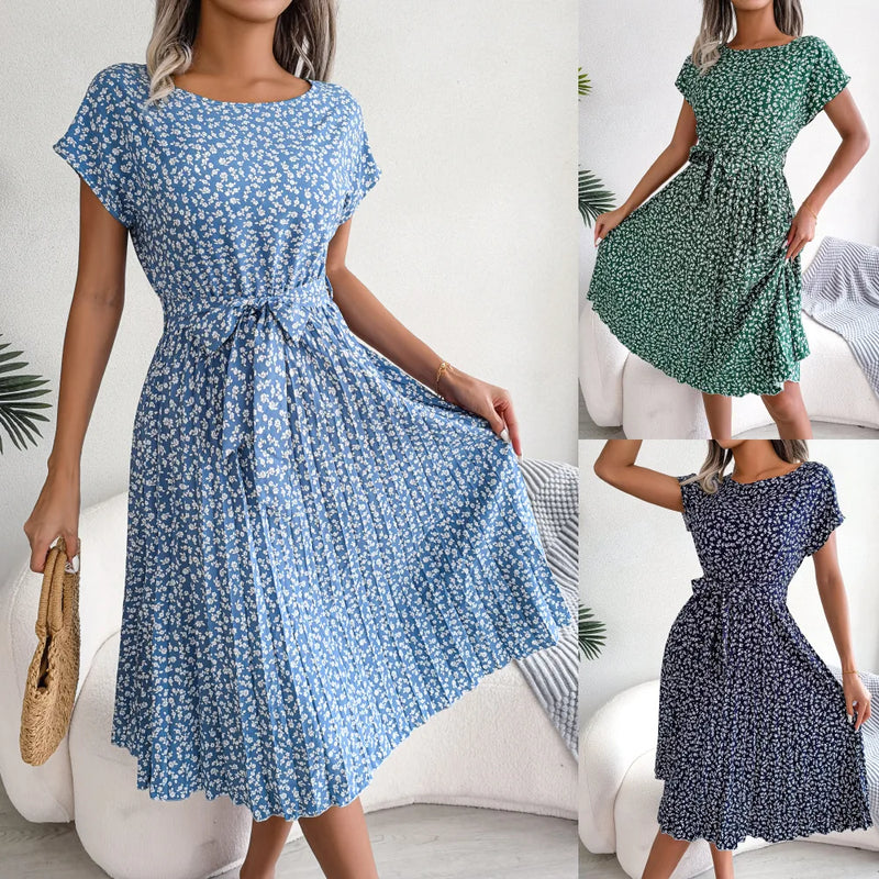 Women Spring Summer Short Sleeve High Waist Chic Dress Fashion Floral Pleated A Line Long Dress