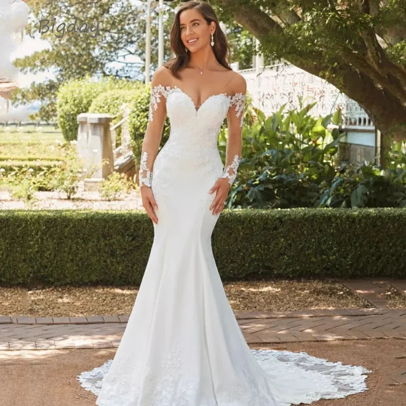 Elegant Sweetheart Mermaid Wedding Dress 2024 White Long Sleeve Open Back Lace Applique Bridal Gown Sweep Train Vestido De Novia
