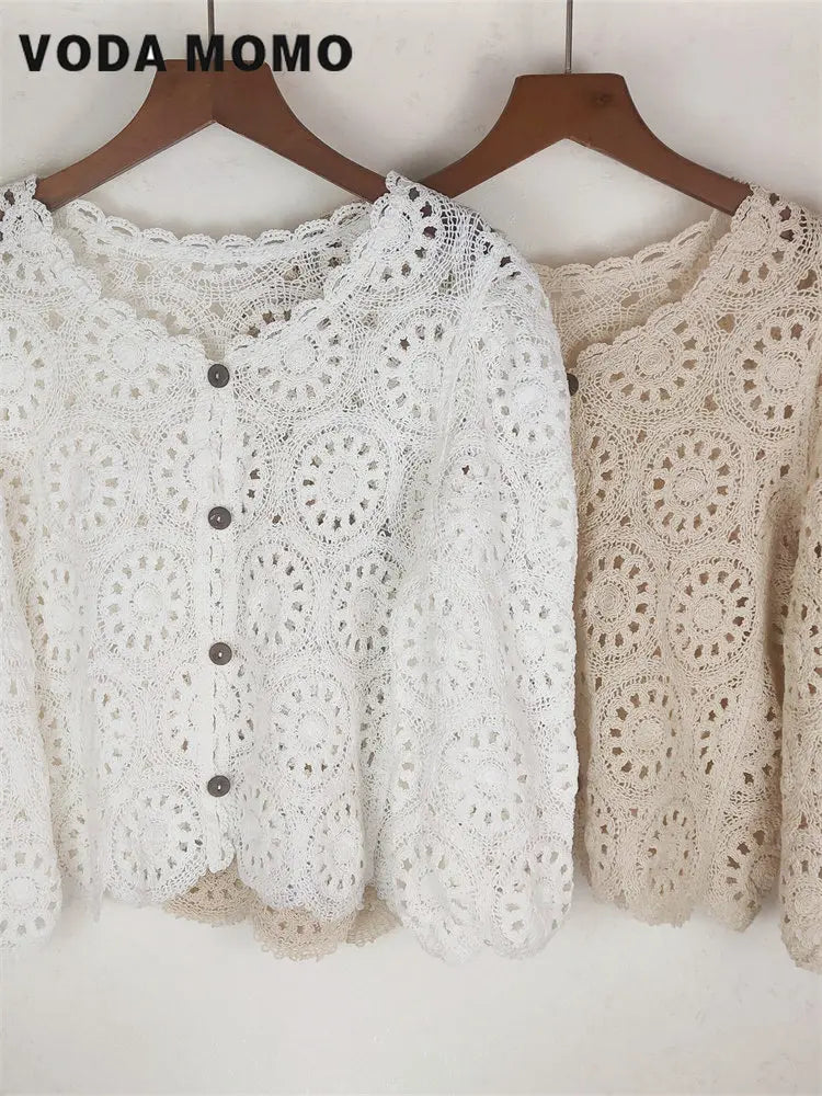 Spring New Lace Sweet Korean Lady Chic Blouses Sweet Tops Hollow Out Full Sleeves Hook Flowers Stylish Cardigans Vintage Women