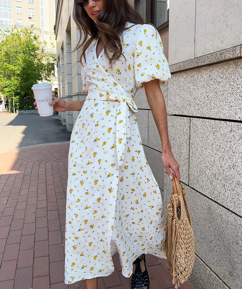 Casual Women's Summer Dresses 100% Cotton Floral Print A-line Midi Dress with Side Slits Long Elegant White Dress for Women 2024