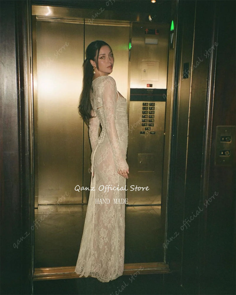 Qanz Luxury Lace Wedding Dresses Tulle Mermaid Appliques Robes De Mariée Long Sleeves Spaghetti Straps Vestido De Novia 2024