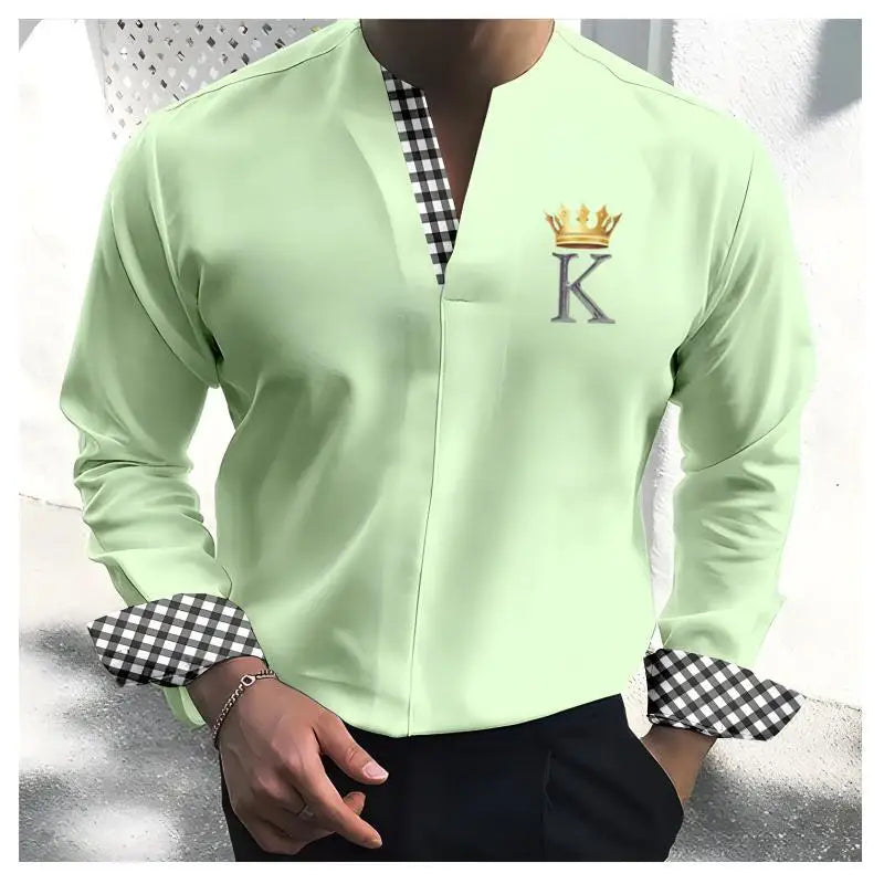 Spring Autumn New Men's Long Sleeved Solid T-shirt Casual Loose Men's T Shirt Male Clothes Breathable Stand V Collar Tees Tops