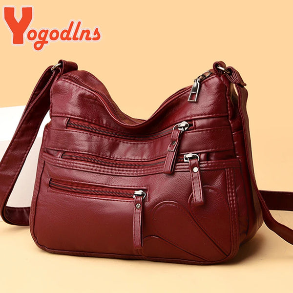 Yogodlns Vintage Shoulder Women's Bag Washed PU Leather Crossbody Bag Multifunction Messenger Bag Large Capacity Lady Handbag