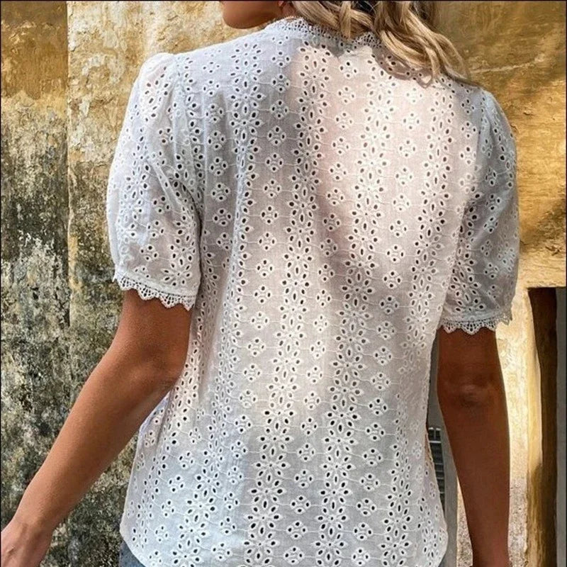 2023 Vintage Lace Simple Blouse Women Hollow V-neck Summer Shirt Elegant Fashion Lady Puff Sleeve Tops Pullover Femme 21385