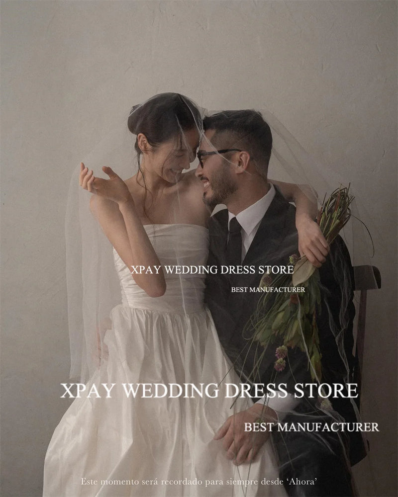 XPAY Elegant Strapless A Line Korea Wedding Dresses Pleats Taffeta Bridal Dress Backless Wedding Photos Shoot Custom Bride Gown