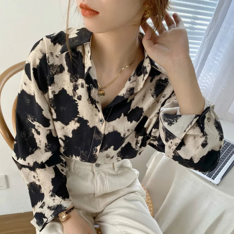 Women Shirts Turn-down Collar Fashion Long Sleeve Tops Printed Casual Retro Korean Style Street Wear Loose Simple High Quality