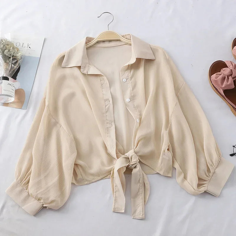 Spring Summer New Half Sleeve Button Up Shirt Chiffon Shirts Women Loose Casual Blouse Tied Waist Elegant Blouses for Women 9776