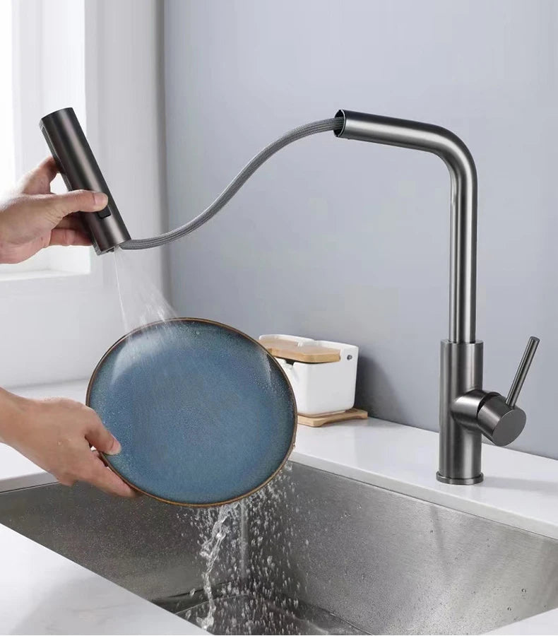 YCRAYS Black Kitchen Faucets Gray Pull Out Rotation Waterfall Stream Sprayer Head Sink Mixer Brushed Nickle Water Tap Accessorie