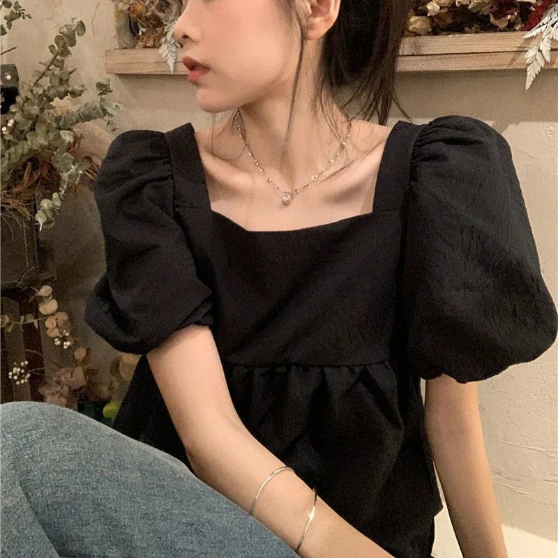 Blouses Women Square Collar Sweet Loose French Style Puff Sleeve Chic Ruffles Simple Ulzzang Solid Fashion Temper Student Summer