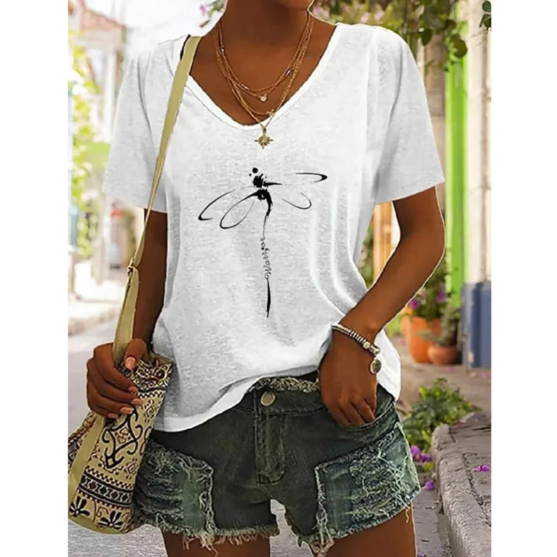 Women's T-Shirt Summer Dragonfly Print Tops Tees Casual Daily V Neck Blouse Women Oversized Pullovers Girls Minimalist Clothing