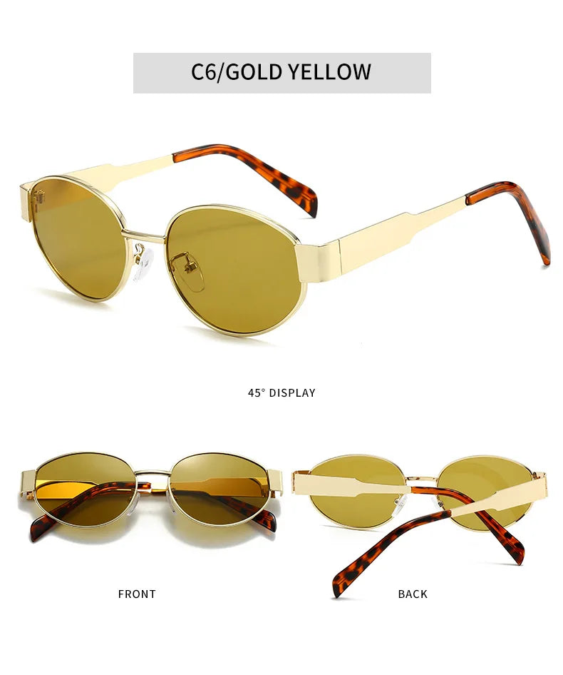 Trendy Oval Sunglasses for Women 2024 Luxury Brand Designer Metal Frame Sun Glasses Ladies Classic Vintage Round Shades Unisex