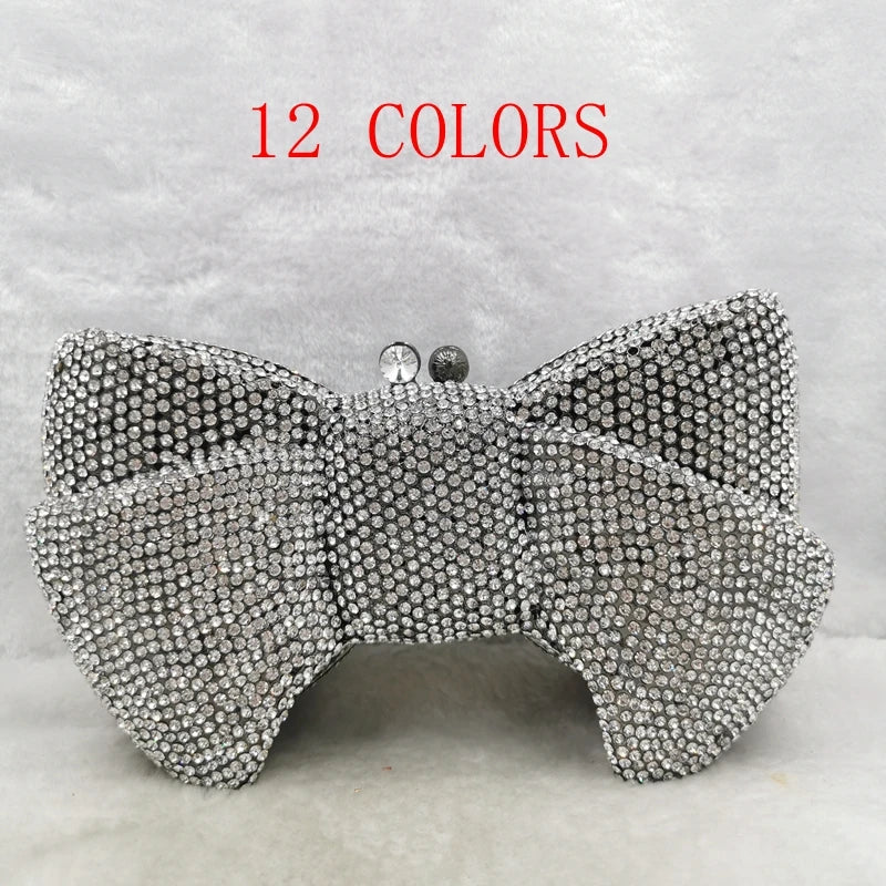 Lady Silver Blue Color Crystal Diamond Clutches Bags Women Clutch Bag Fashion Bow- Shape Small Minaudiere Party Prom Clutch Bags