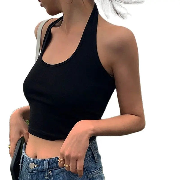 Cotton Sexy Backless Black White Tank Tops Halter Streetwear Vest Female Crop Top Summer 2023 Basic T-shirts Ladies Tube Camis