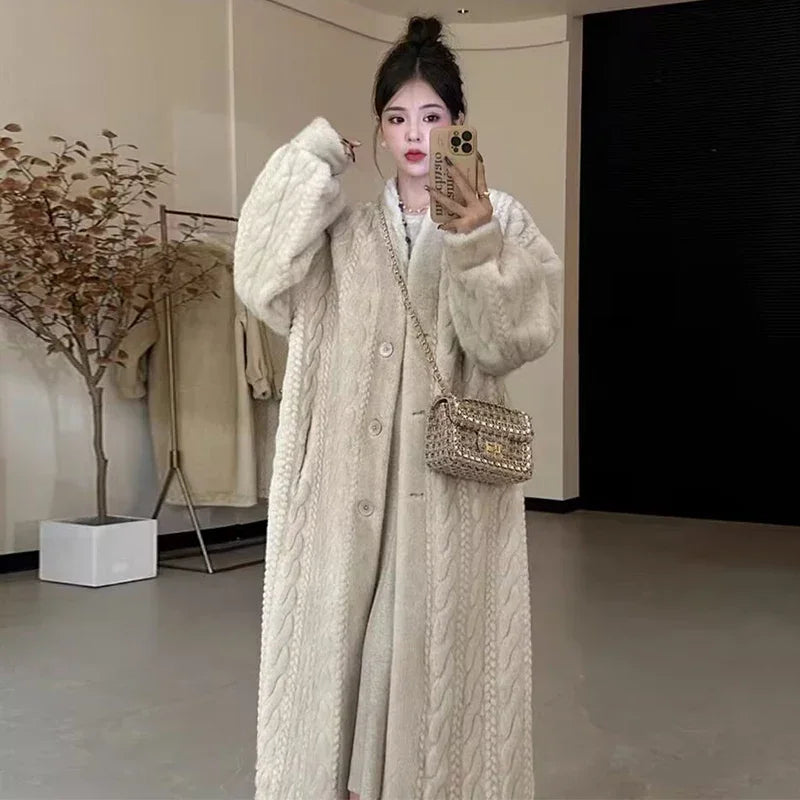 Thicken Knit Loose Coat Women Full Sleeve Single Breasted Fashion Female Cardigan Winter Warm Long Cardigan Chic Lady Outerwear