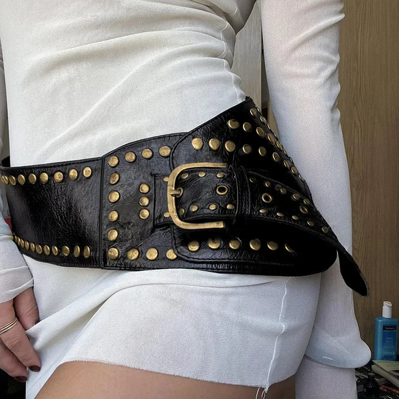 Vintage Punk Studded Belt  Chain Y2K Metal Pu Western Cowboy Wide Waistband Waist Belts Sexy Hiphop Men Skeleton Beaded Belt