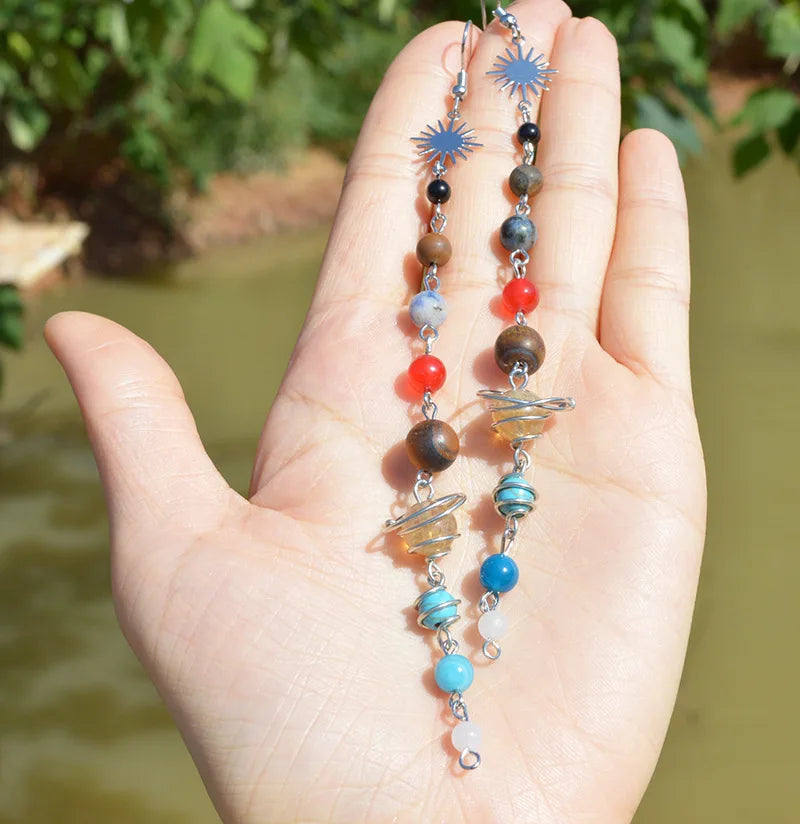 Handmade Crystal Earth Saturn Cosmic Sun Earrings For Women Girl Party Natural Beads Planet Drop Dangle Earrings Jewelry Gifts