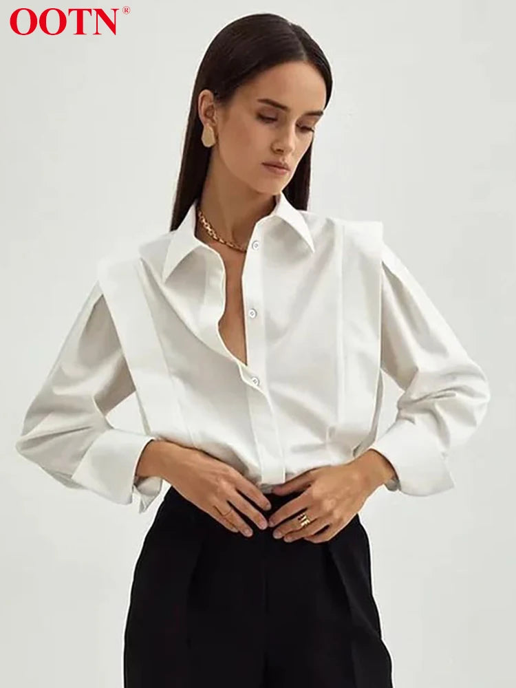 OOTN Elegant Blouses Women Cotton Shoulder Pads Lapel White Shirt Female Office Buttons All-Match Spring 2023 Wild Blusas Funky