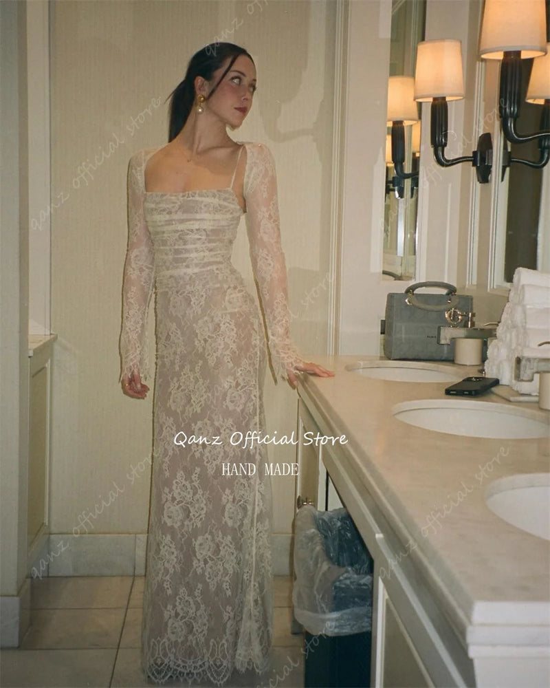Qanz Luxury Lace Wedding Dresses Tulle Mermaid Appliques Robes De Mariée Long Sleeves Spaghetti Straps Vestido De Novia 2024
