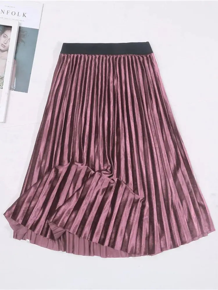 Autumn Winter Long Skirt Women Streetwear High Waisted Skinny Velvet Skirt Female Ladies Pleated Skirts Elegant Maxi Women Skirt