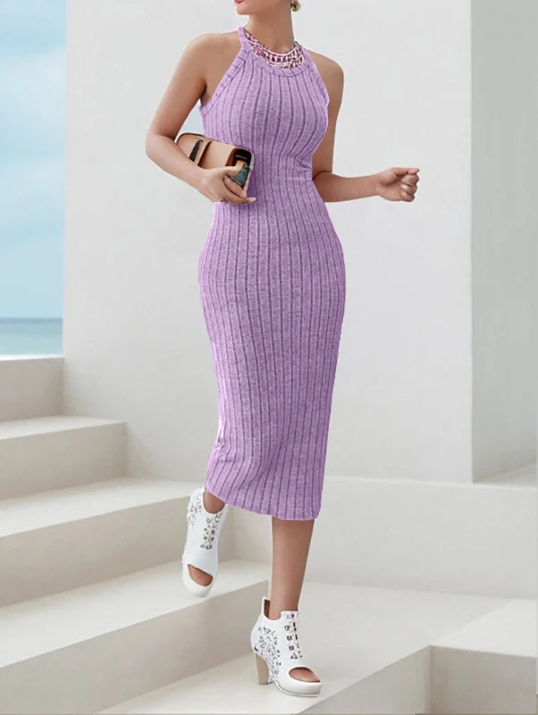 Solid Halter Neck Bodycon Dress Dodycon Dress Fashion New Designer Ribbed Midi Dress Women's Sleeveless Ribbed Knit Tank Dress