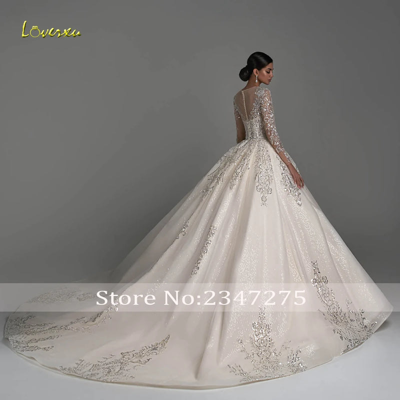 Loverxu Ball Gown Luxury Wedding Dresses 2024 O-Neck Long Sleeve Vestido De Novia Lace Beaded Chapel Train Glamorous Bride Dress