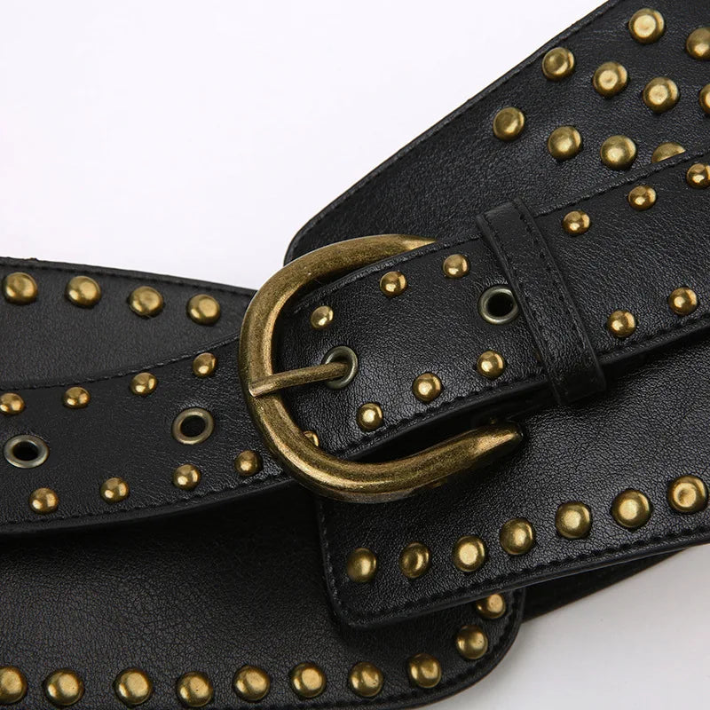Vintage Punk Studded Belt  Chain Y2K Metal Pu Western Cowboy Wide Waistband Waist Belts Sexy Hiphop Men Skeleton Beaded Belt