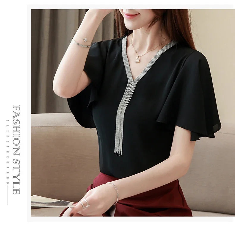 Womens Tops and Blouses Women Short Sleeve Shirts White Chiffon Blouse Womens Clothing V-Neck Solid Color Women Blusas 3897