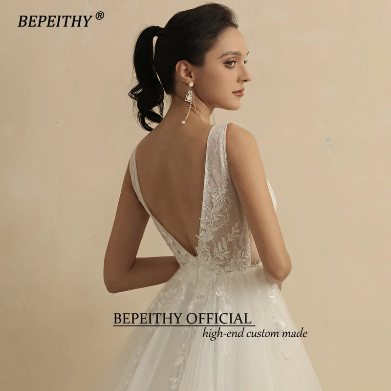 BEPEITHY Real Image Sexy Deep V Neck Wedding Dresses For Women 2022 Bride A Line Open Back Boho Bridal Party Gown Sleeveless