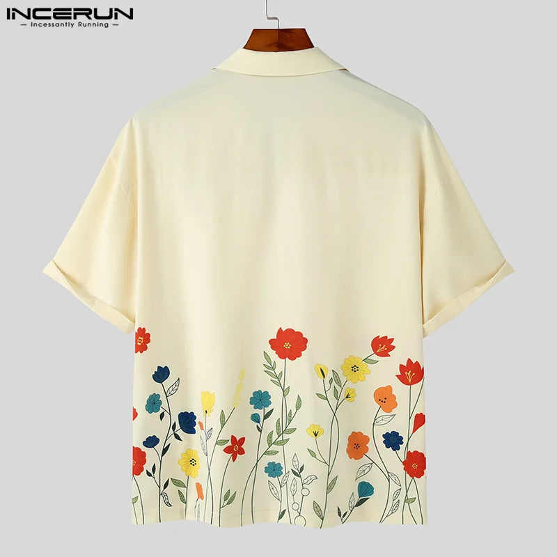 2023 Men Shirt Flower Printing Lapel Short Sleeve Loose Summer Streetwear Men Clothing Korean Style Casual Shirts S-5XL INCERUN