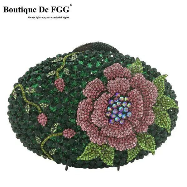 Boutique De FGG (in stock) Emerald Green Women Crystal Flower Evening Clutch Bags Party Cocktail Rhinestone Minaudiere Handbags