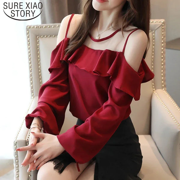 Casual Off Shoulder Tops Solid Long Sleeve Chiffon Blouse Blusas Mujer De Moda 2023 Autumn Women Tops and Blouse  6756 50