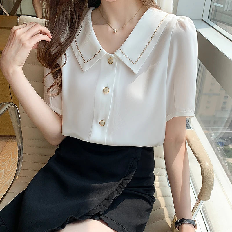 Blusas Blouses Femme Tops Women Turn Down Collar Blouse Women 2023 Summer White Blouse Short Sleeve Chiffon Blouse Shirt E778