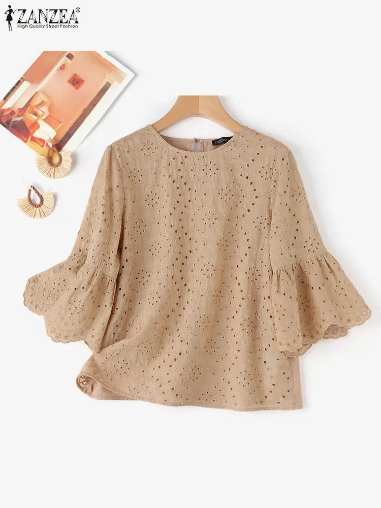 Women Elegant Lace Patchwork Blouse ZANZEA 2024 Summer 3/4 Ruffle Sleeve Casual Loose Blusa Everyday Hollow Out Solid Color Tops