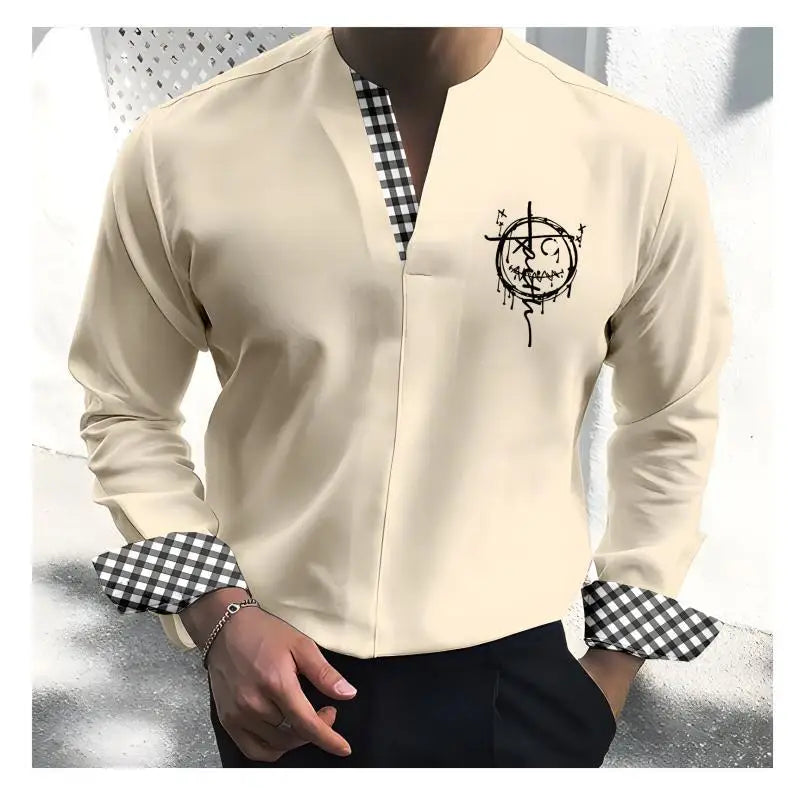 Spring Autumn New Men's Long Sleeved Solid T-shirt Casual Loose Men's T Shirt Male Clothes Breathable Stand V Collar Tees Tops